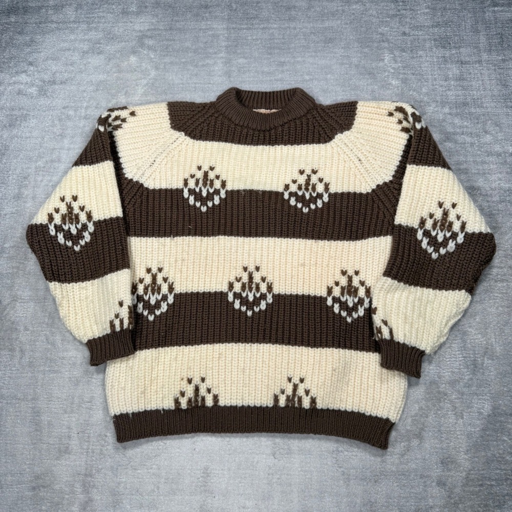 Lansea Sweater Womens Medium Brown Cream Striped Thistle Knit Vintage 1960s Wool